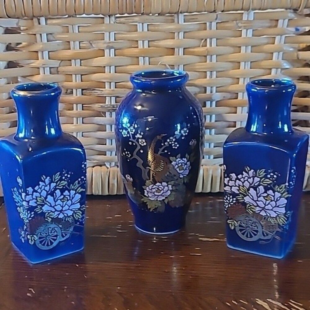 Vintage Japan Cobalt Blue Peacock Vase Set of 3 | Gold Floral Asian Decor